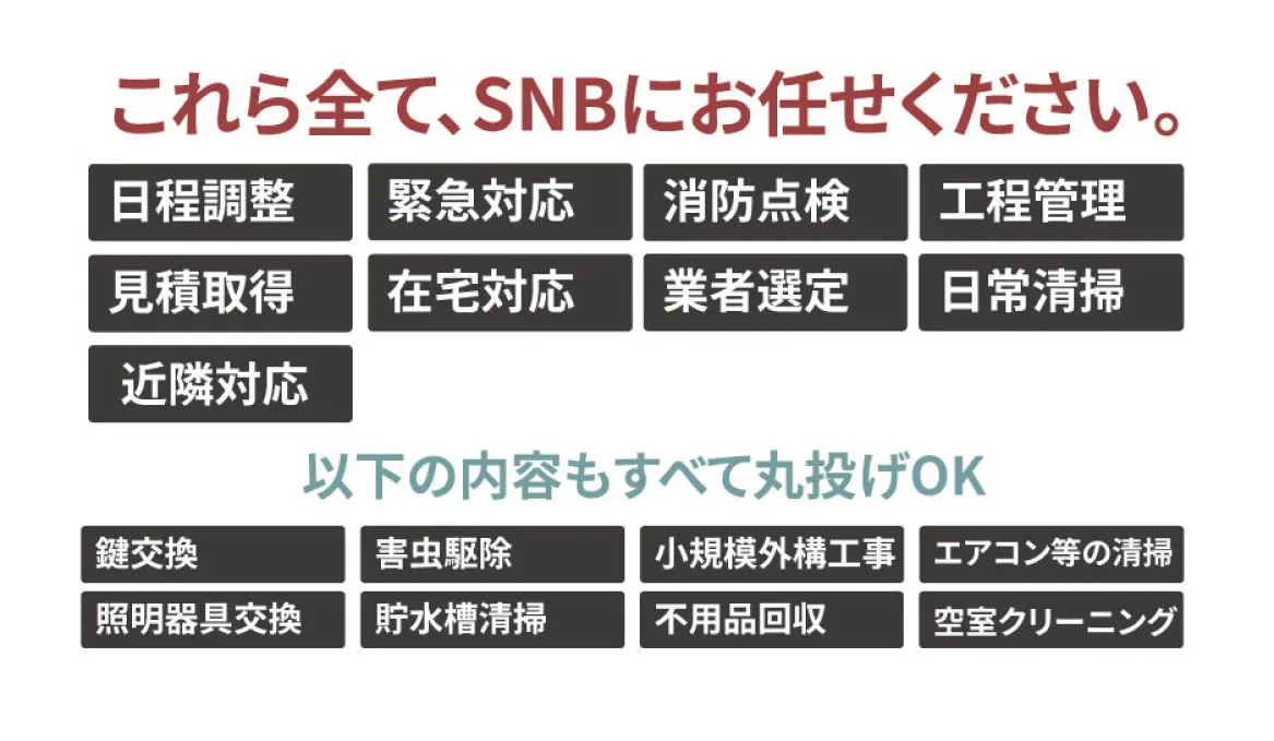 SNBCの原状回復工事サービス内容一覧と対応業務の図解