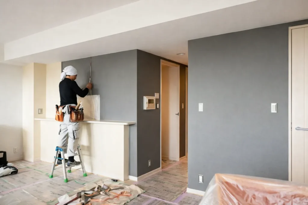 脚立に乗った職人がグレーのアクセントクロスを施工しているマンションリノベーション現場の様子