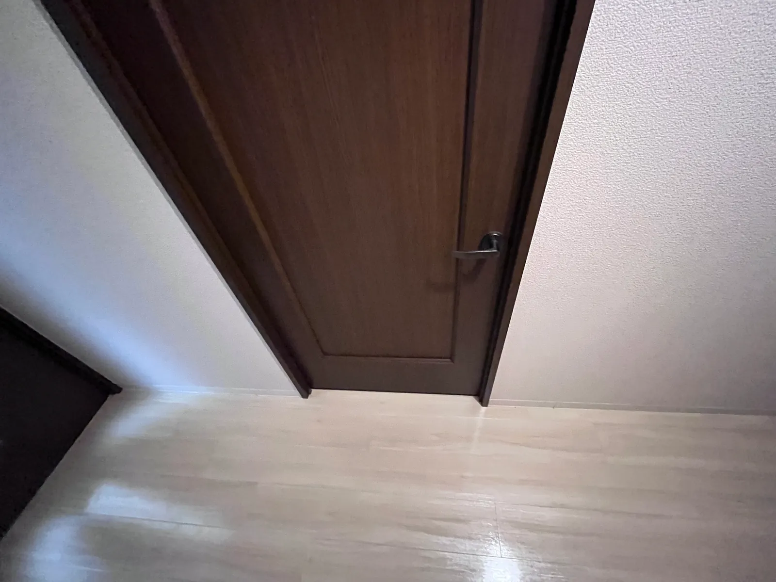 玄関ホールに面した木目調の室内ドアと、クリーニング後のフローリング